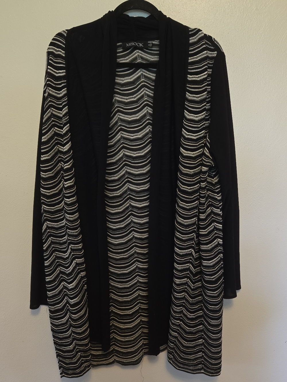 Misook Open Front Cardigan Sweater Long Black White 1X